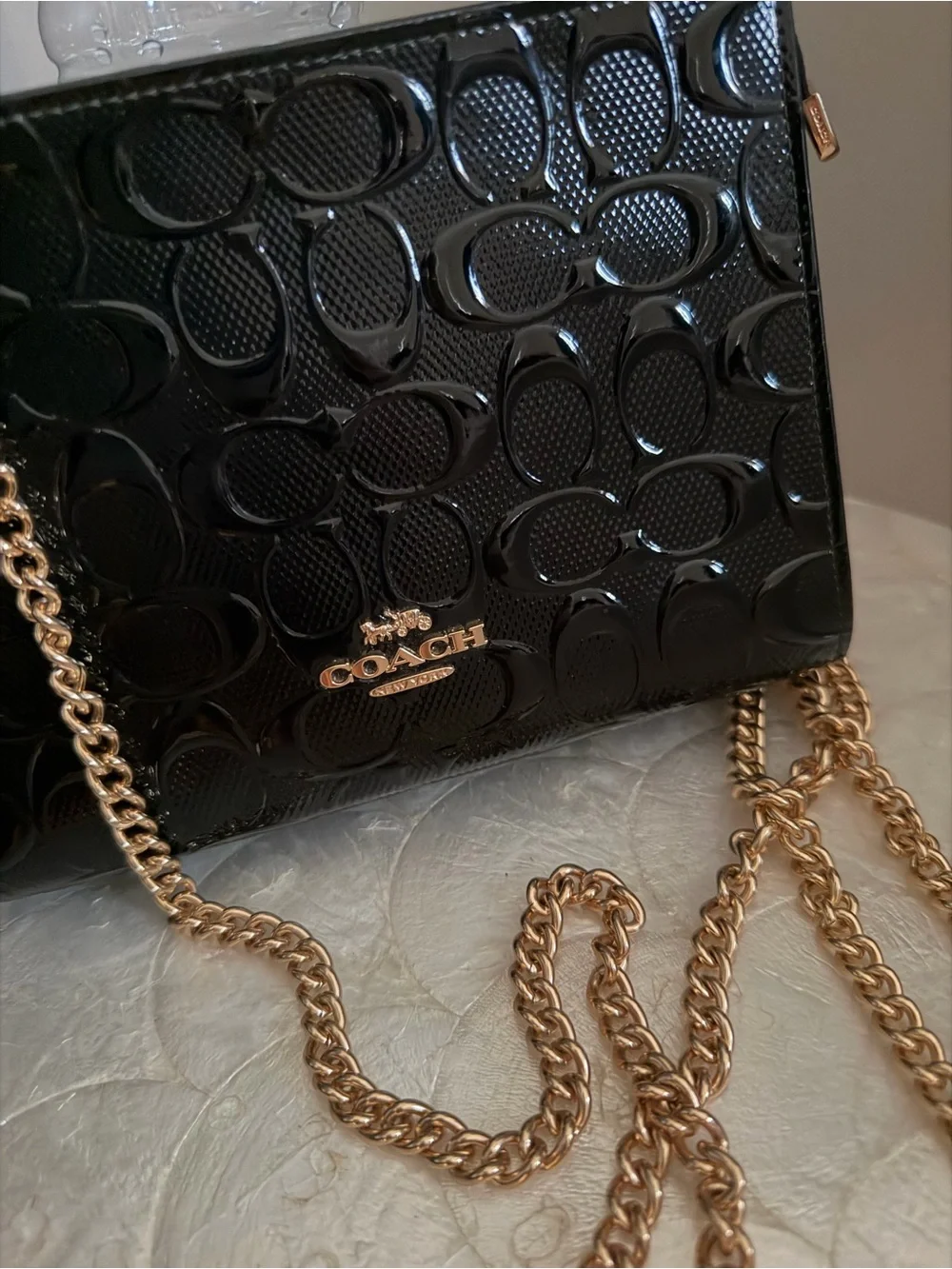 Coach Black Patent Signature Crossbody with Gold Chain